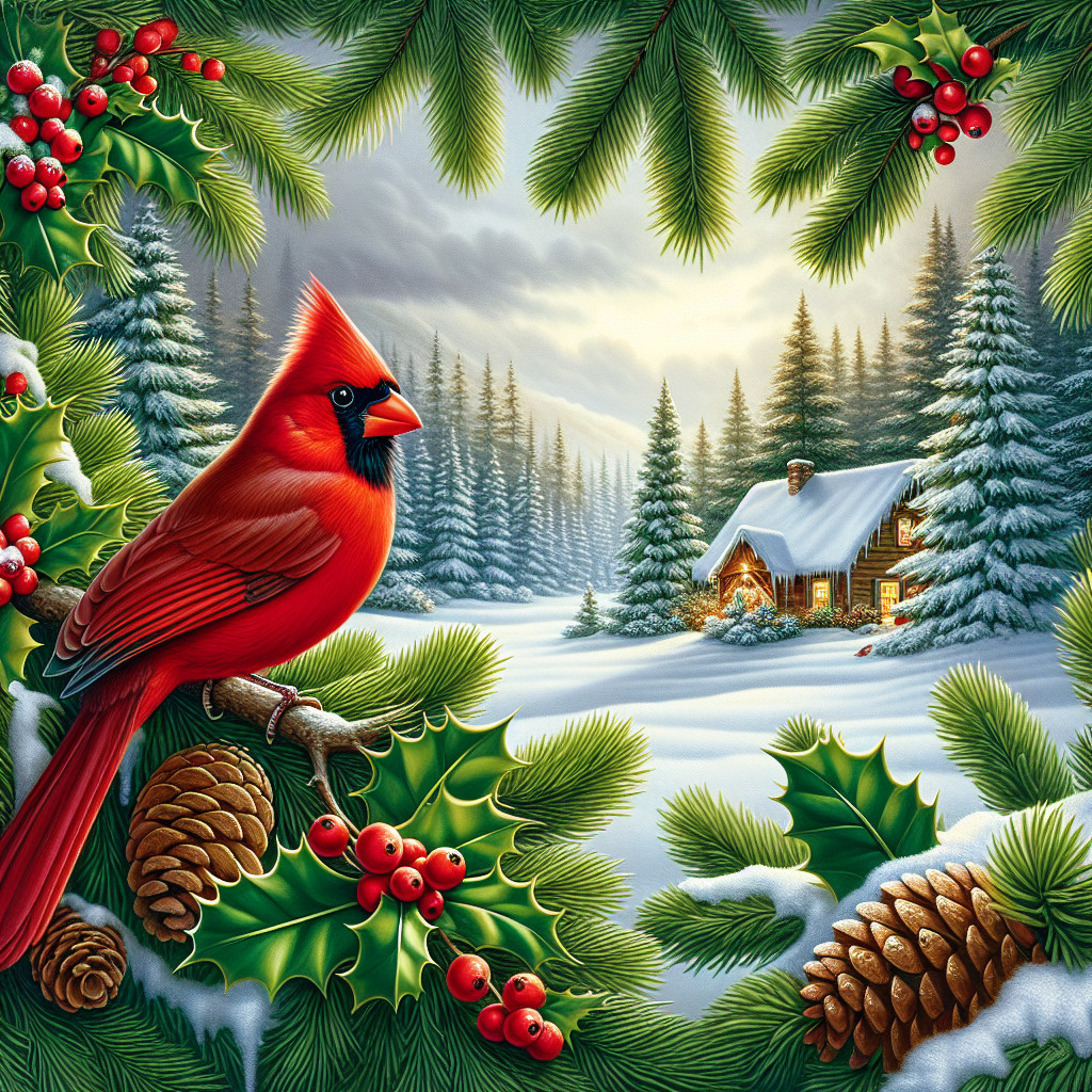 Red Cardinal on Holly Branch in Winter Landscape