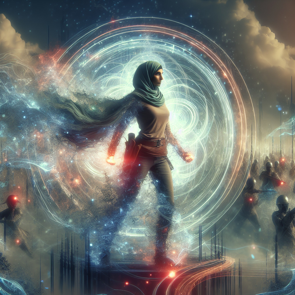 Powerful figure in hijab amid surreal landscape