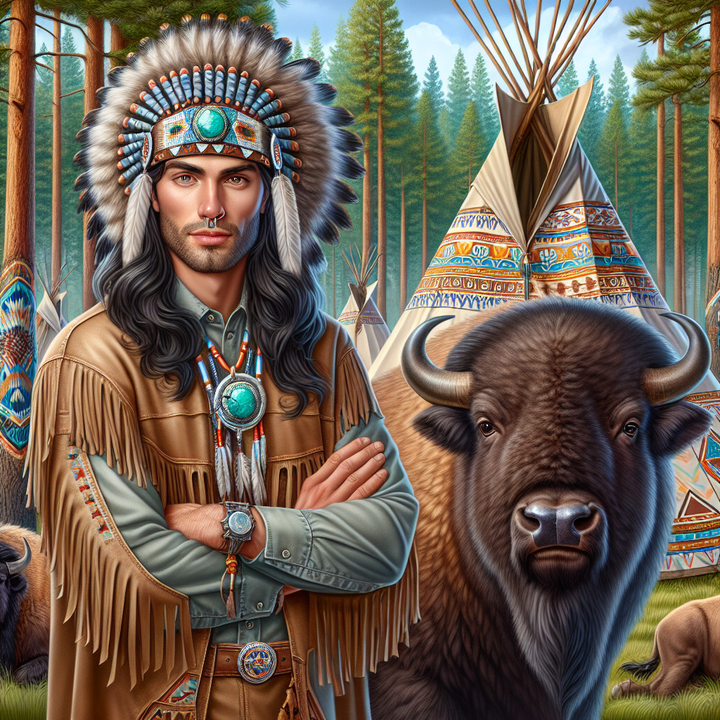 Young Man in Traditional Native American Attire in Landscape