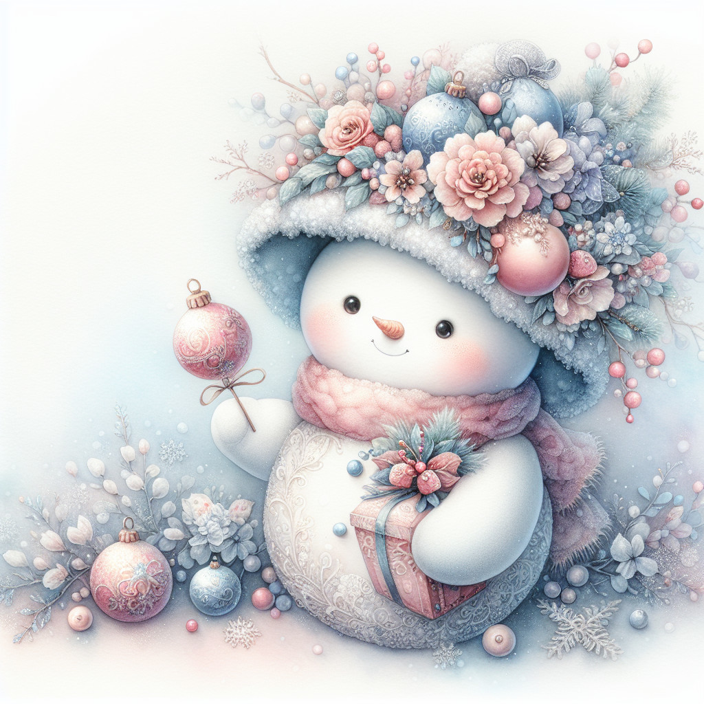 Cheerful Snowman with Floral Hat and Gift in Winter Scene