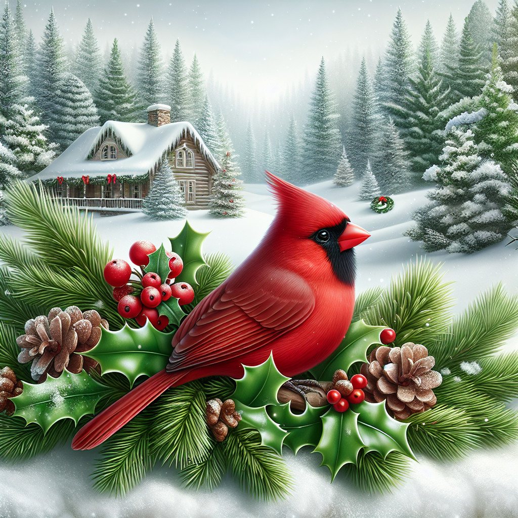 Red Cardinal on Holly with Cozy Cabin in Winter Scene