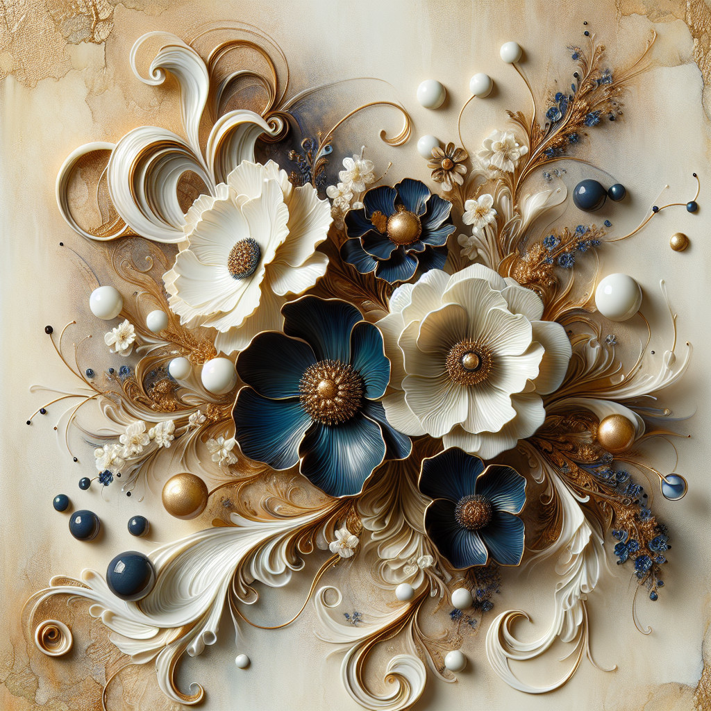 Three-Dimensional Floral Arrangement in Cream and Blue