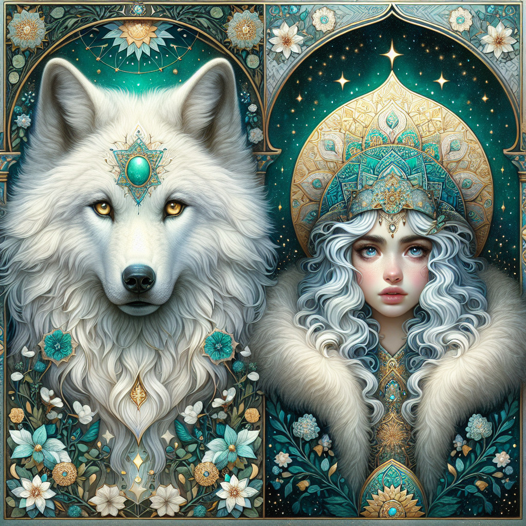 Majestic White Wolf and Ethereal Woman Fusion Art