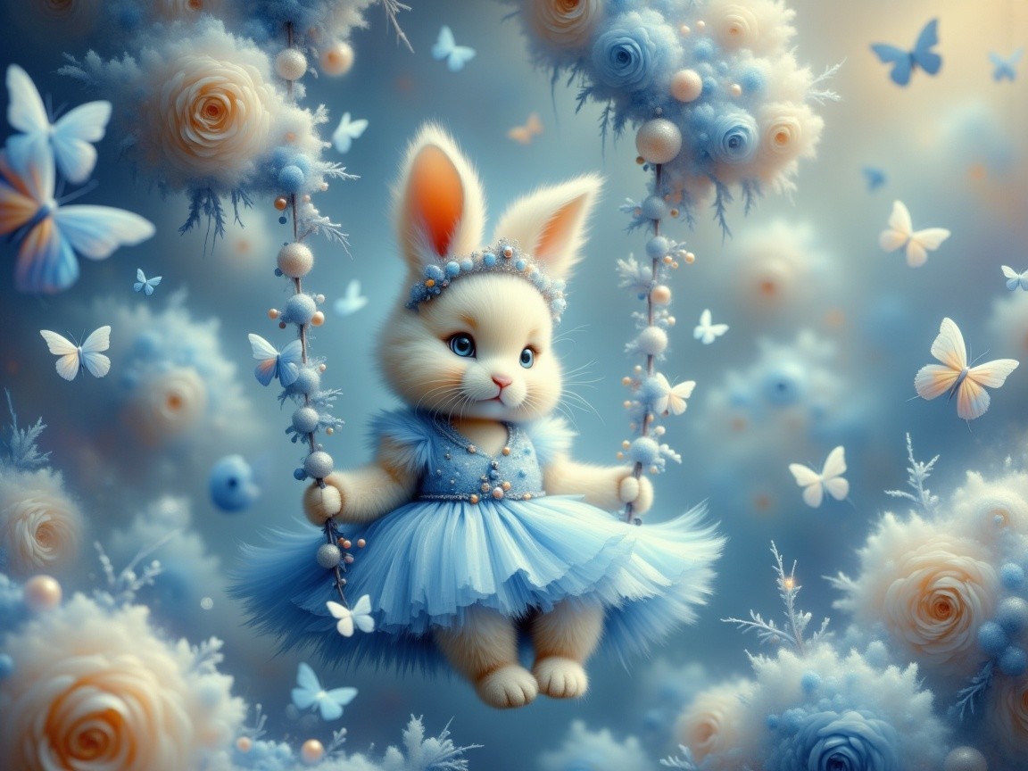 Whimsical Bunny in Blue Dress Surrounded by Flowers