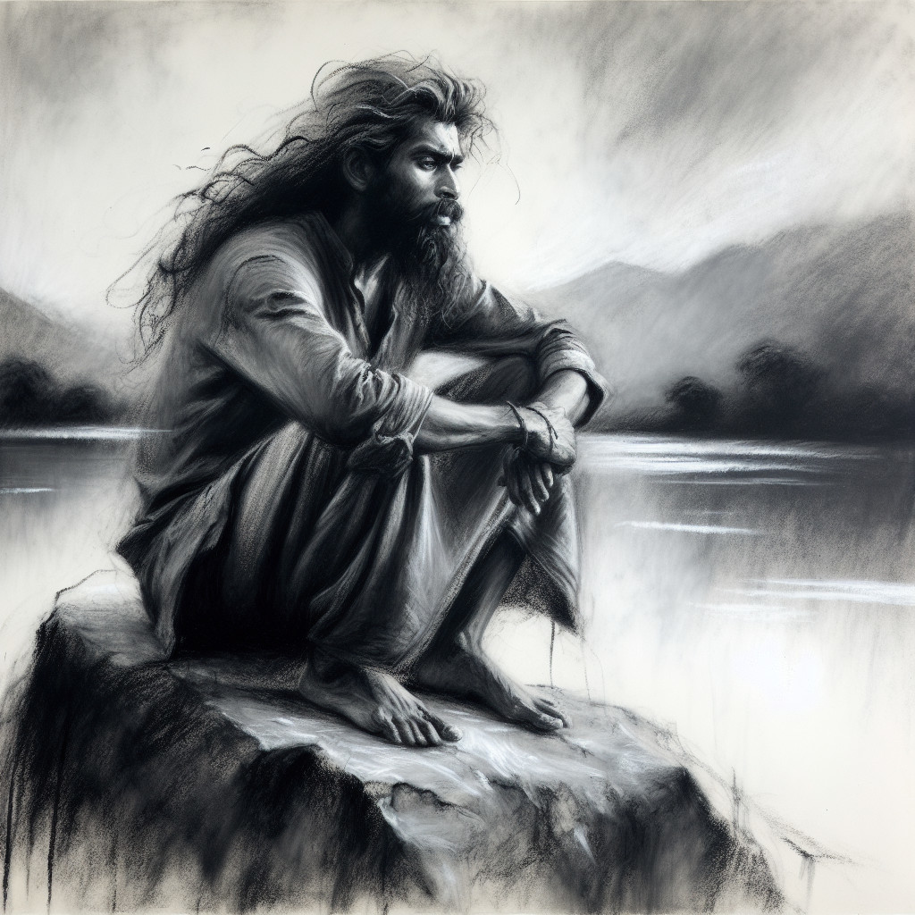 Contemplative Figure by Tranquil Water and Mountains
