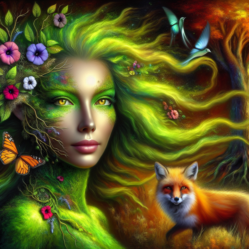 Mystical Figure with Green Hair in Enchanted Landscape