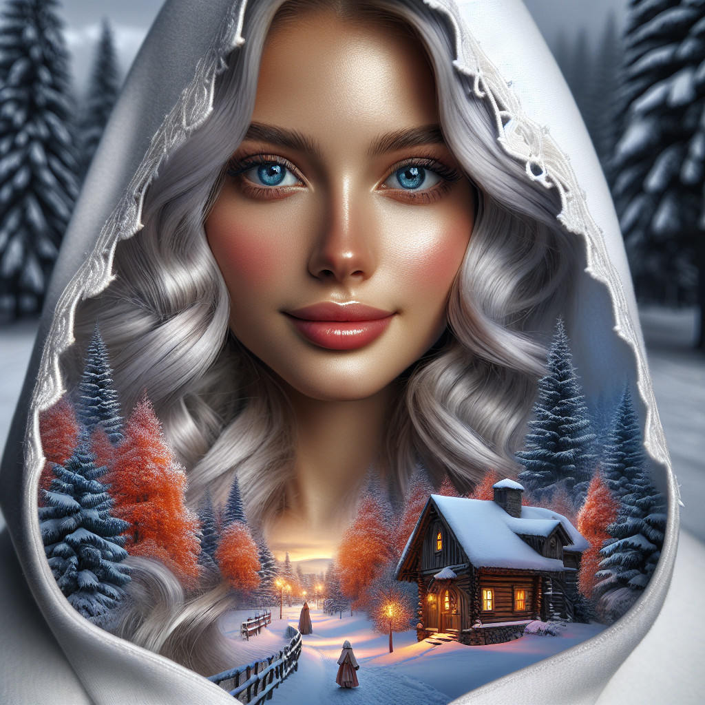 Winter Scene with Woman and Cozy Cabin at Dusk