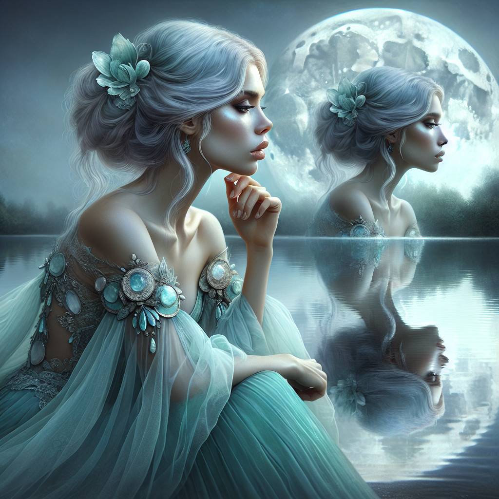 Serene figure by a tranquil lake under a full moon