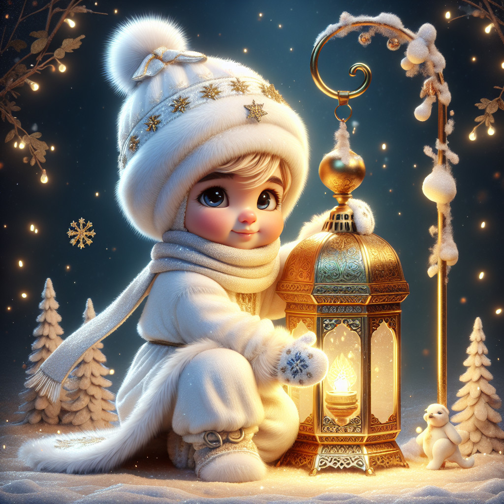 Child in Cozy Outfit by Lantern in Winter Landscape