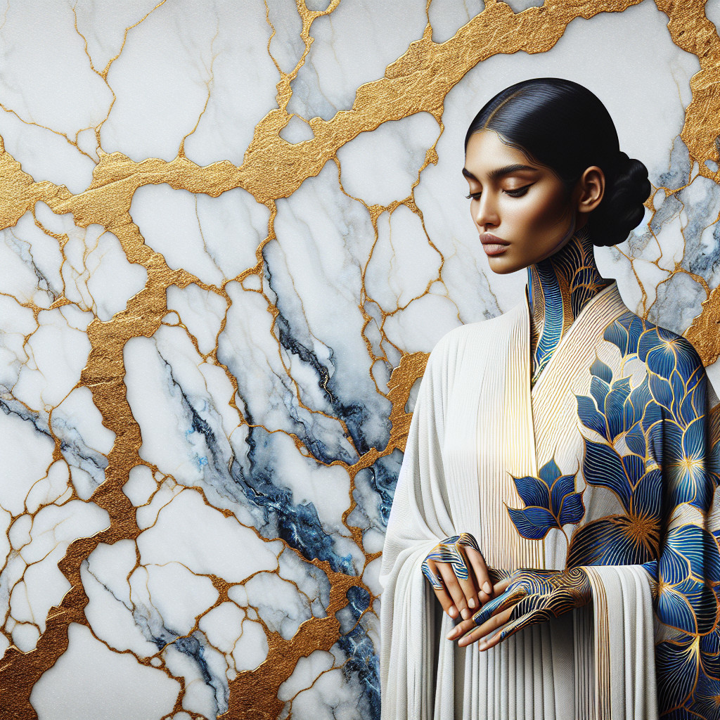 Serene model in elegant garment with marble backdrop