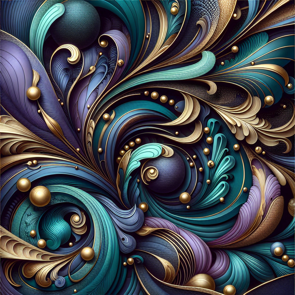 Intricate Swirling Patterns in Teal, Purple, and Gold
