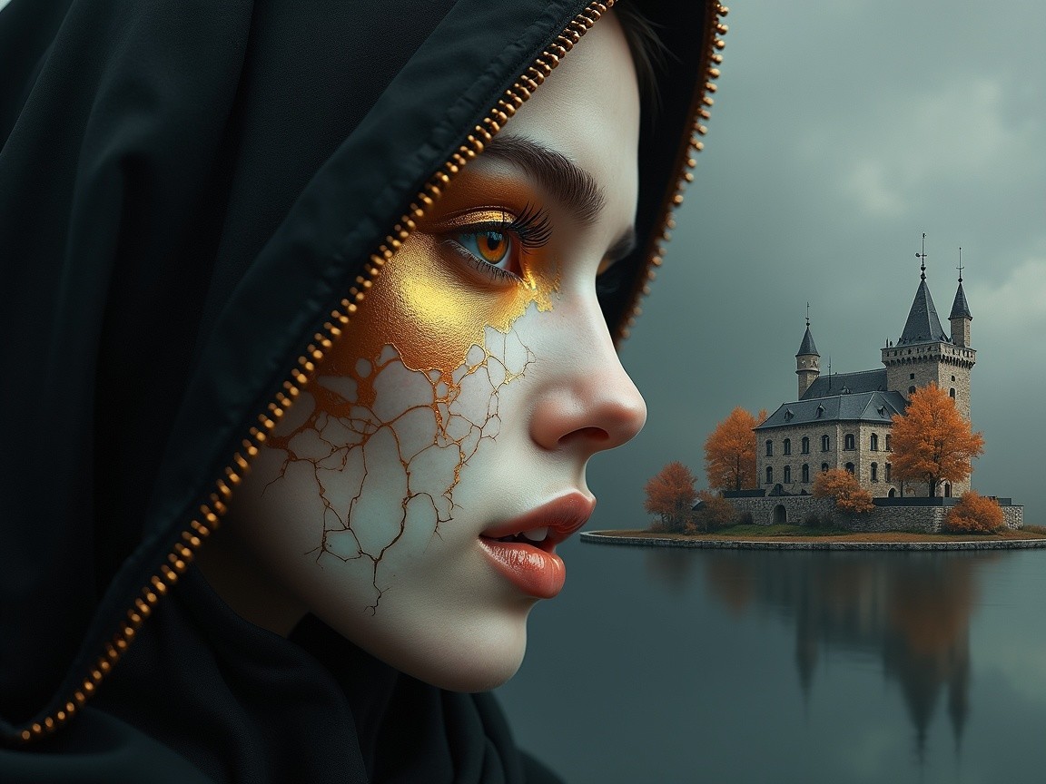 Woman with gold face paint near a picturesque castle