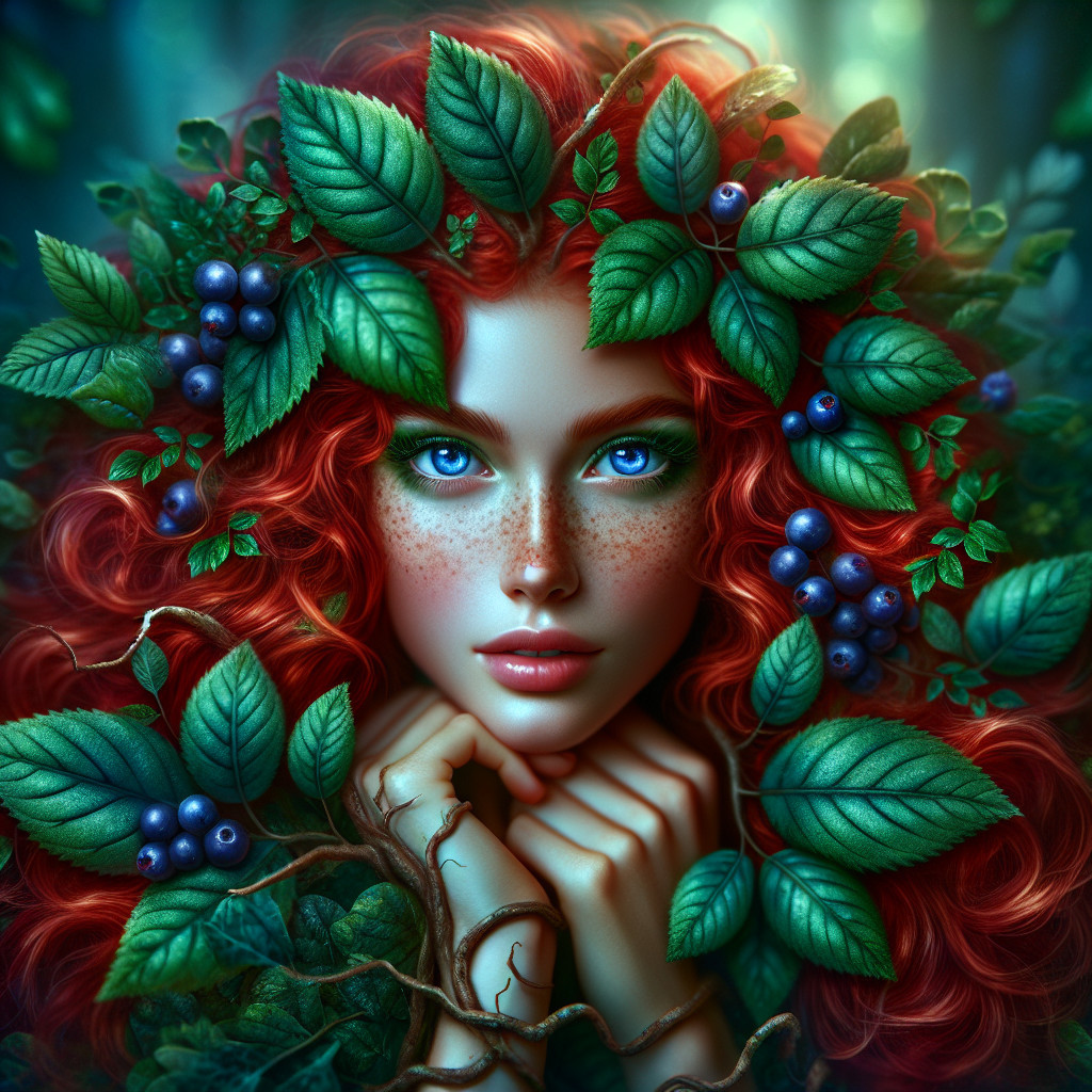 Portrait of a Young Woman with Red Hair and Nature Elements