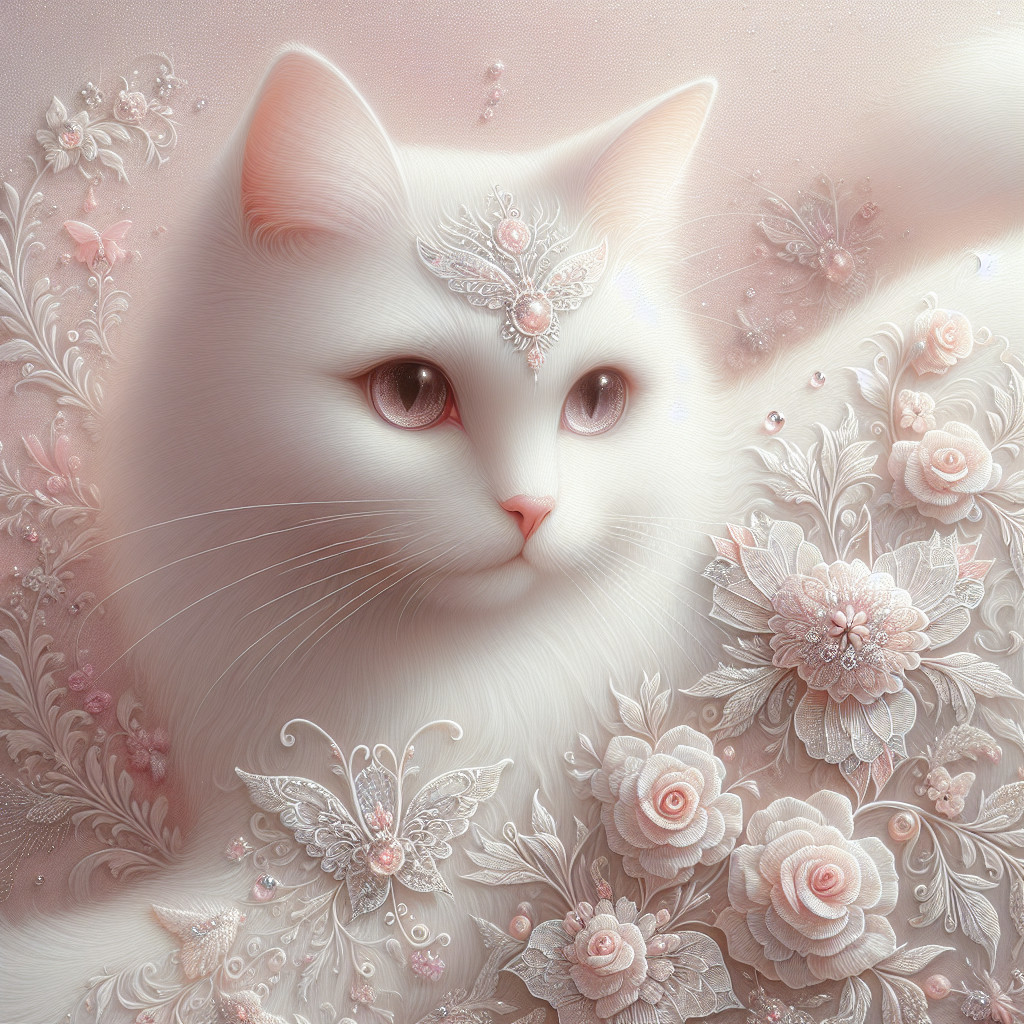 Whimsical White Cat with Floral Motifs and Pastels