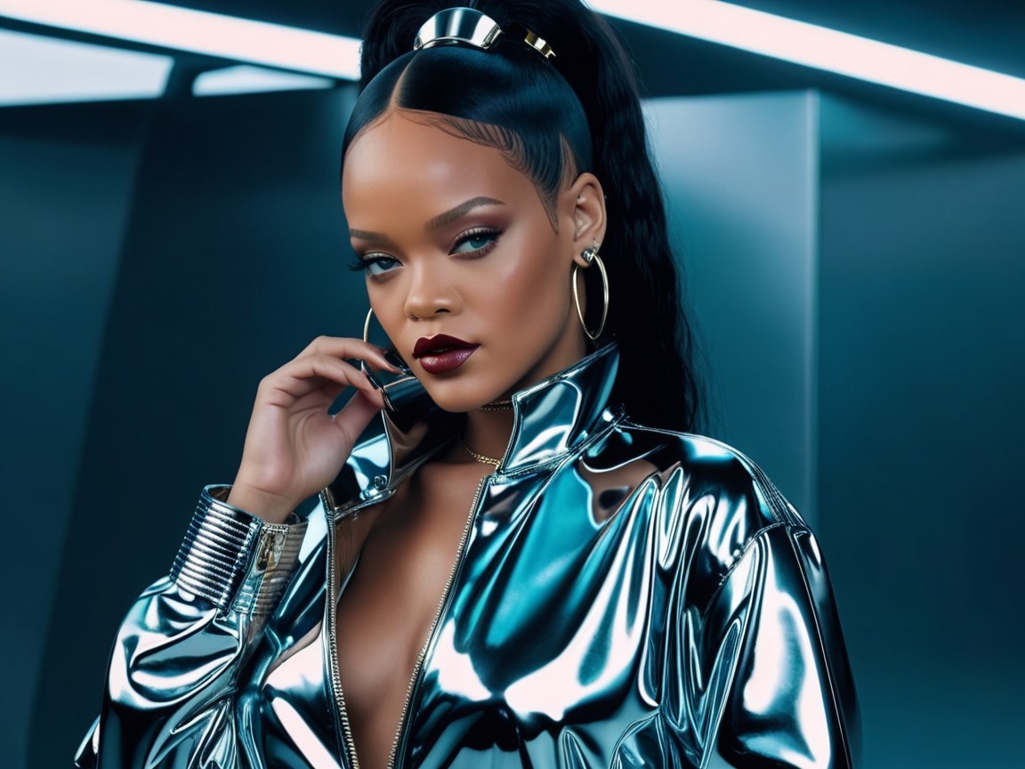 Confident figure in glossy metallic jacket under blue light