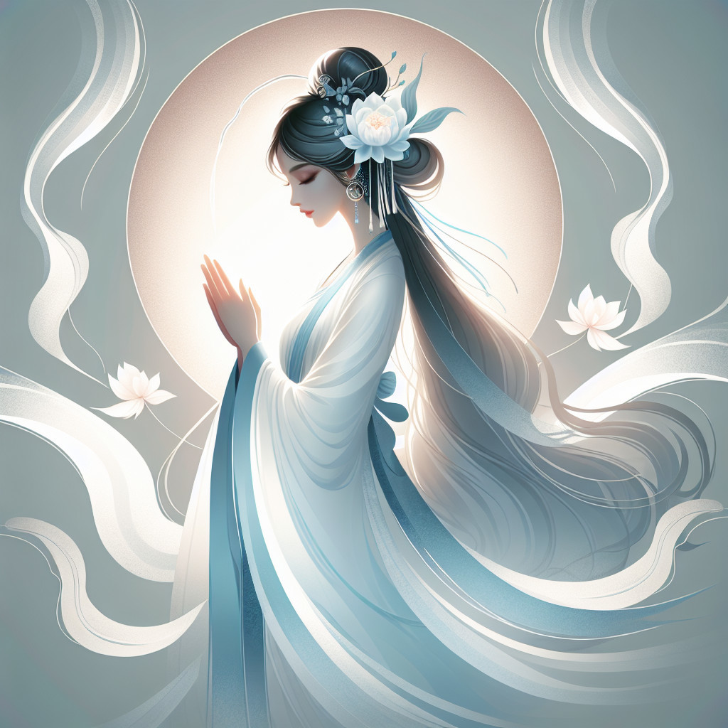 Serene Woman in Elegant Robes with Moonlit Background