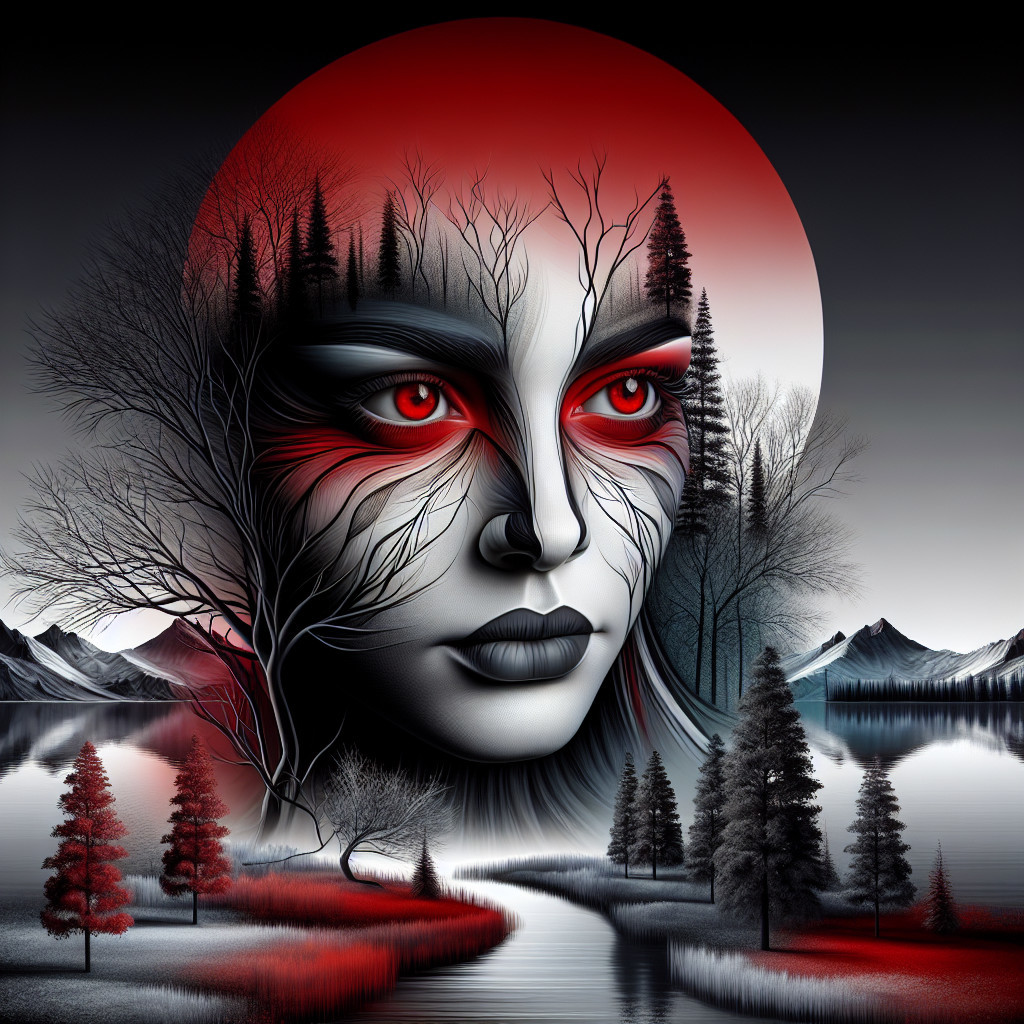 Surreal Female Face Merging with Dark Trees and Moon