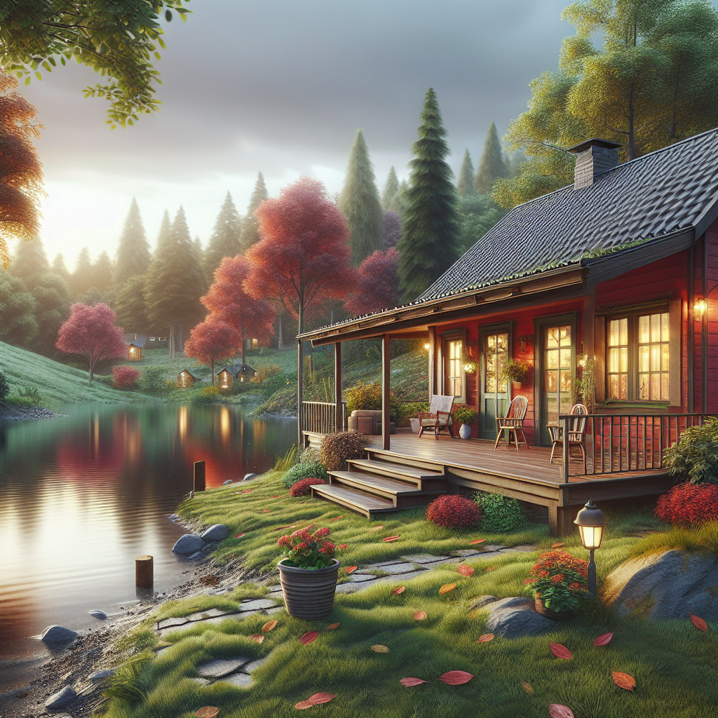 Red Cabin by Serene Lake Surrounded by Autumn Foliage