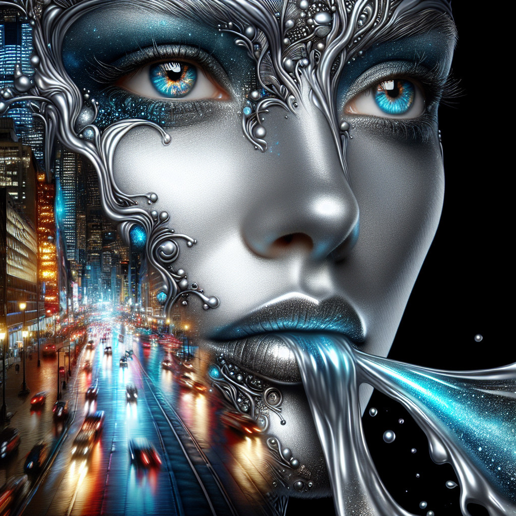 Futuristic Face with Metallic Elements and Cityscape