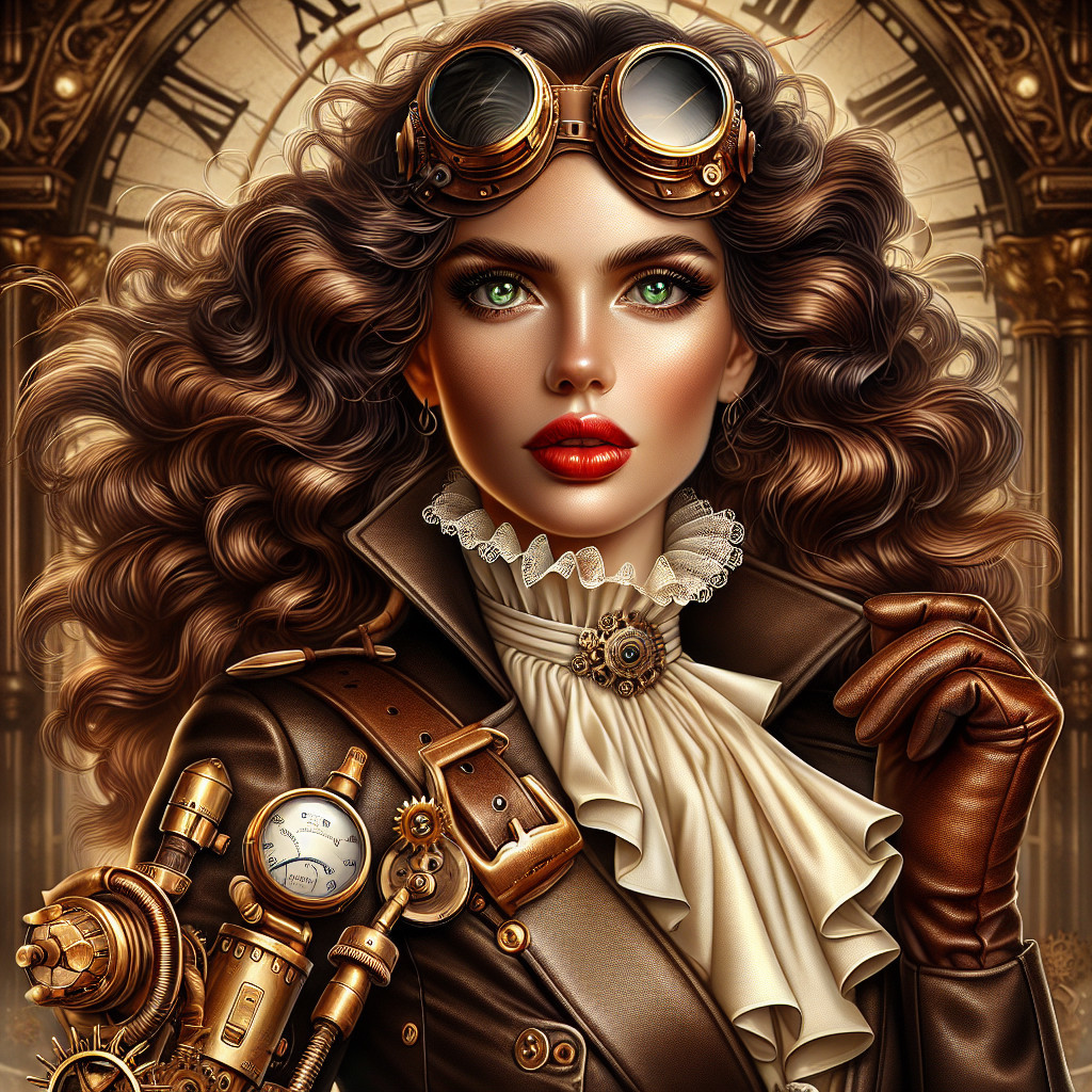 Steampunk Woman with Brass Goggles and Elegant Outfit