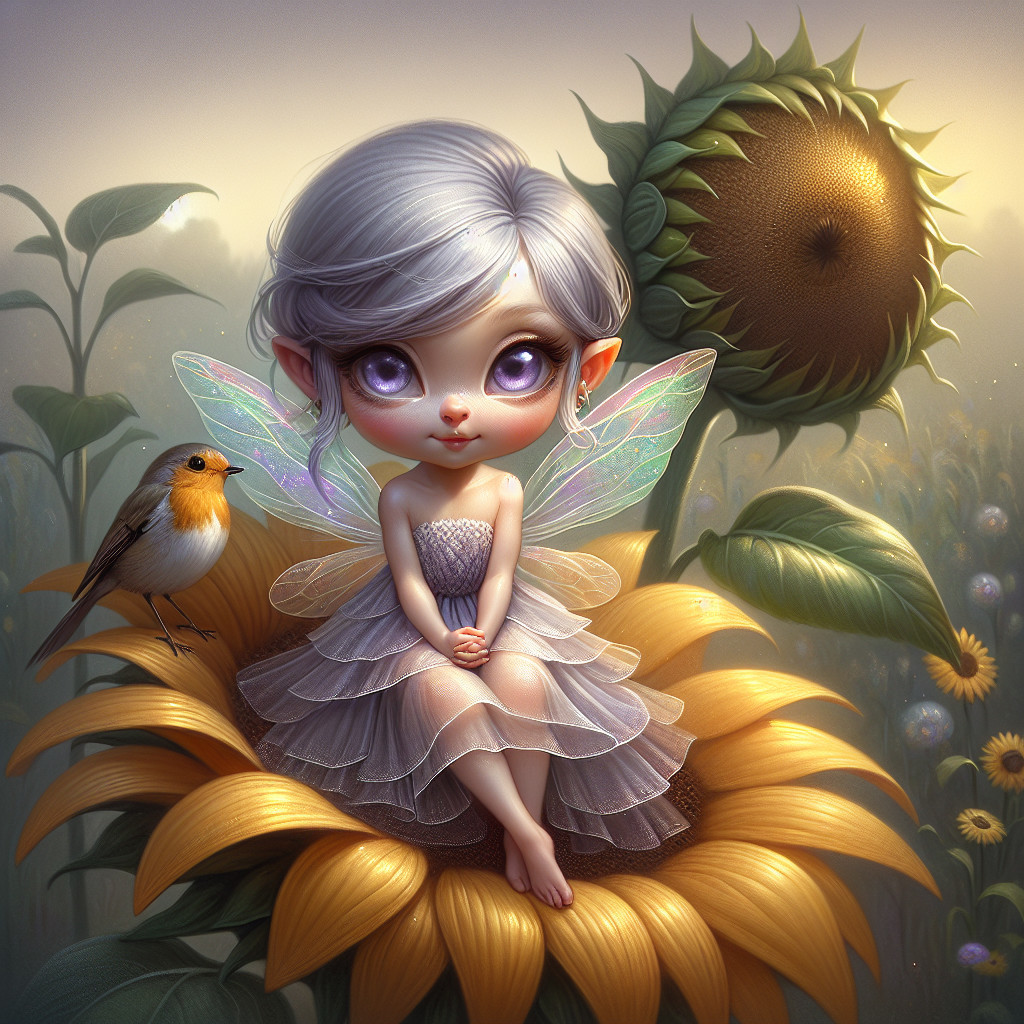 Whimsical Fairy on a Sunflower with Iridescent Wings