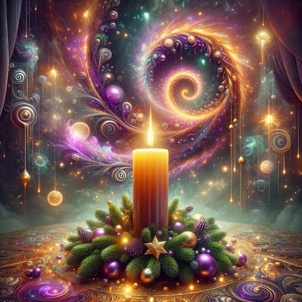 Festive Candle Surrounded by Pine and Cosmic Patterns