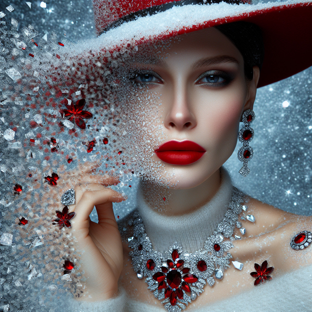 Glamorous Woman in Red Hat Against Snowy Background