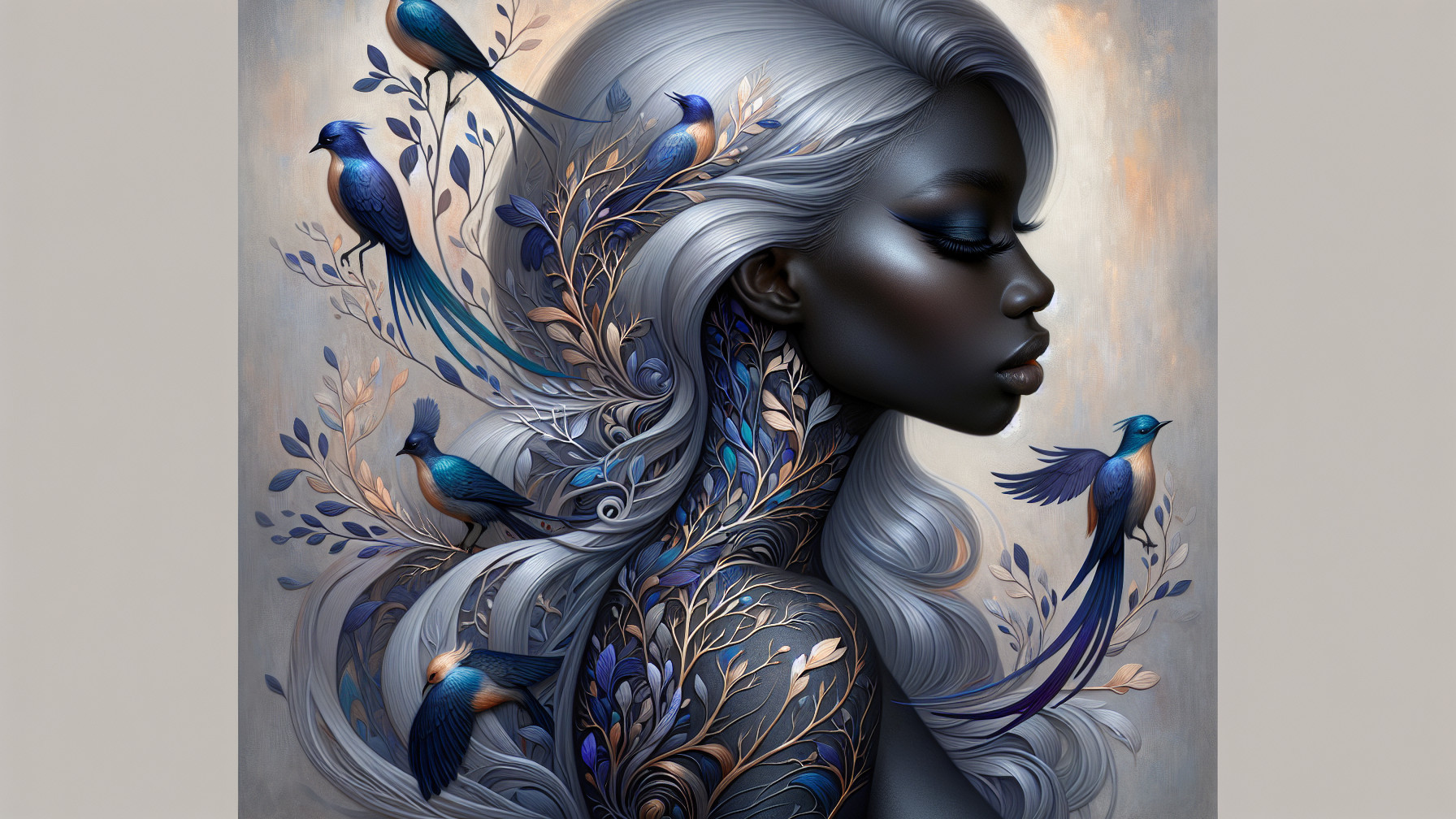Profile of a Woman with Silver Hair and Birds
