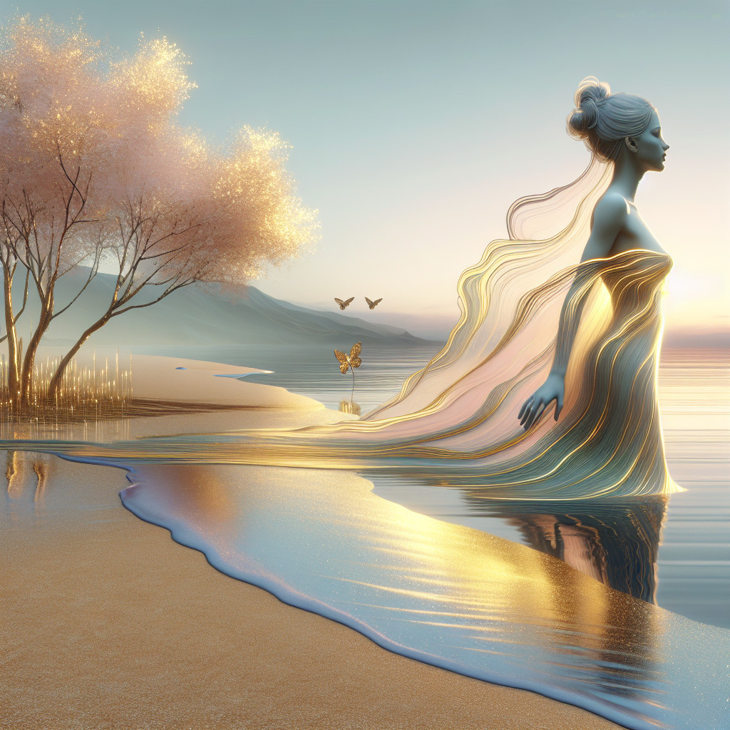 Mystical Figure on Tranquil Shore with Cherry Blossoms