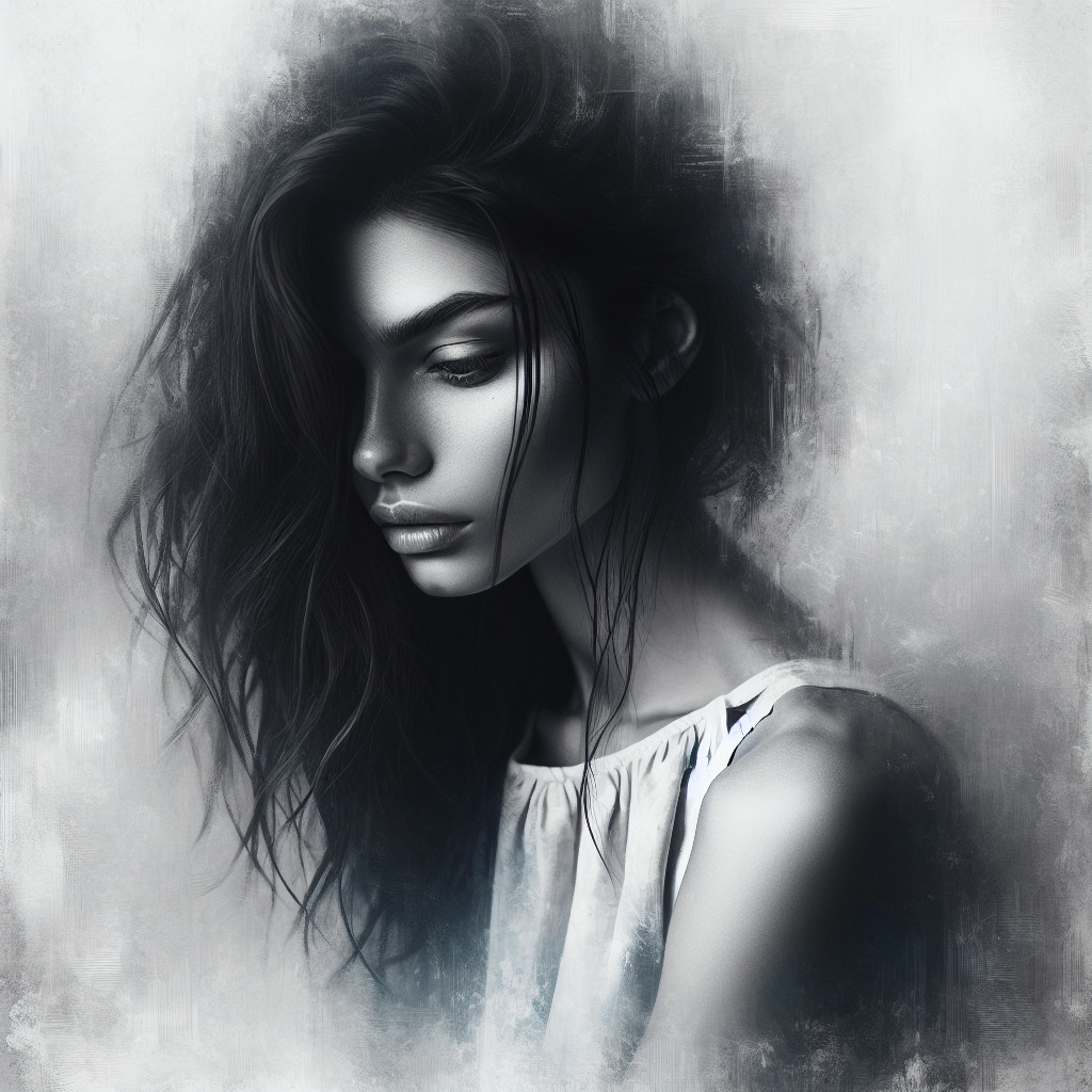 Monochrome Portrait of Young Woman with Introspective Expression