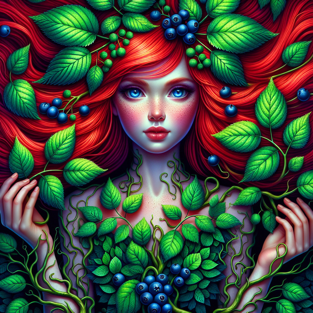 Illustration of a woman with red hair and foliage
