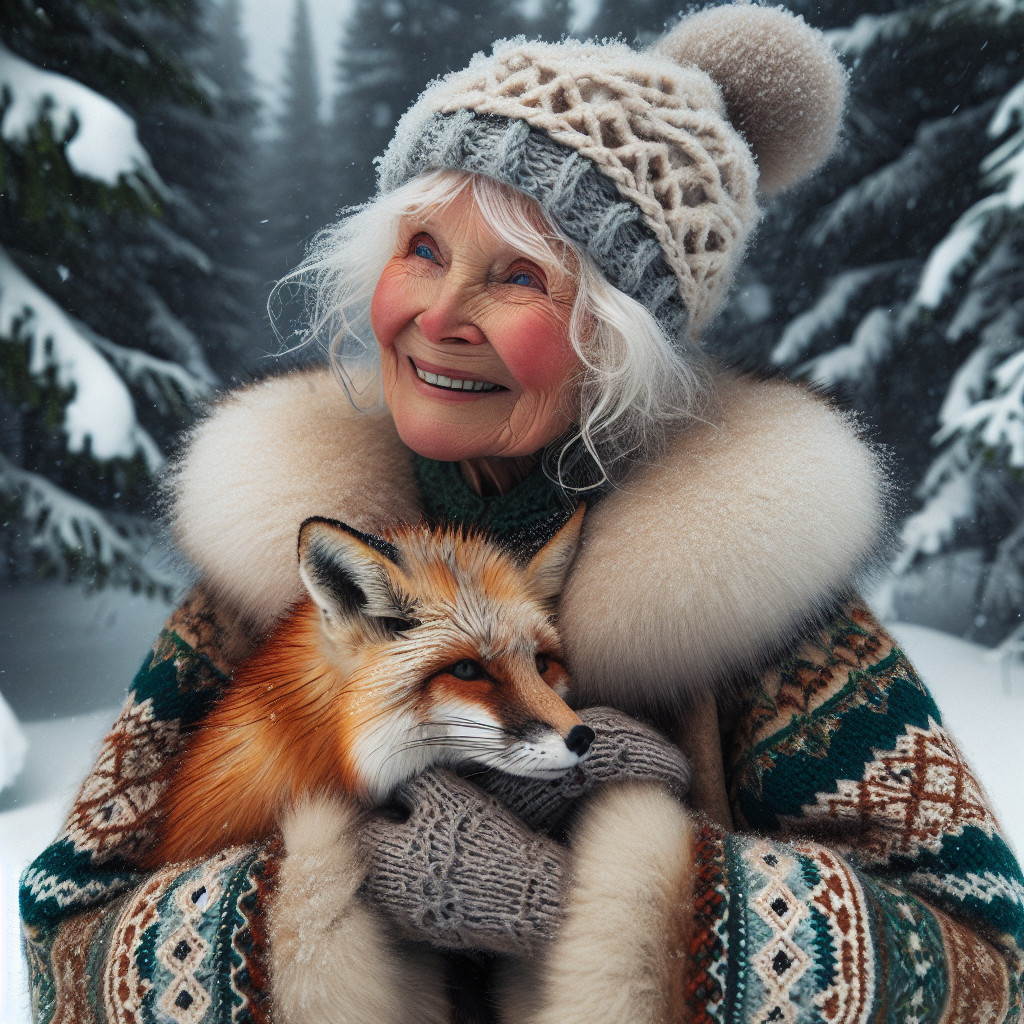 Elderly Woman with Fox in Snowy Forest Setting