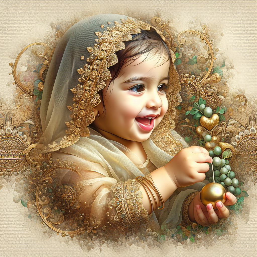 Joyful Child in Ornate Golden Outfit and Jewelry