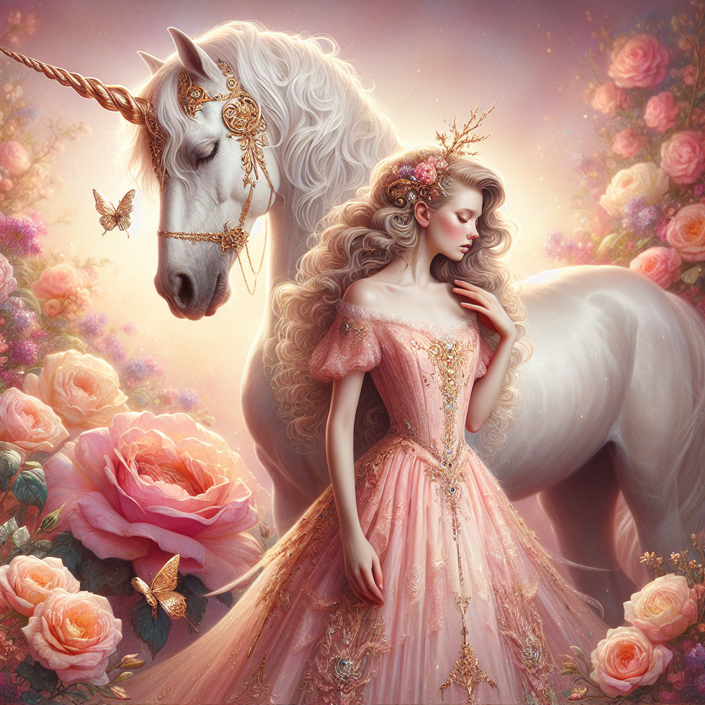 Whimsical Scene of Woman and Unicorn in Enchanted Setting