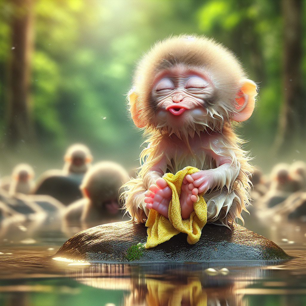 Baby monkey relaxing on a rock in a serene setting