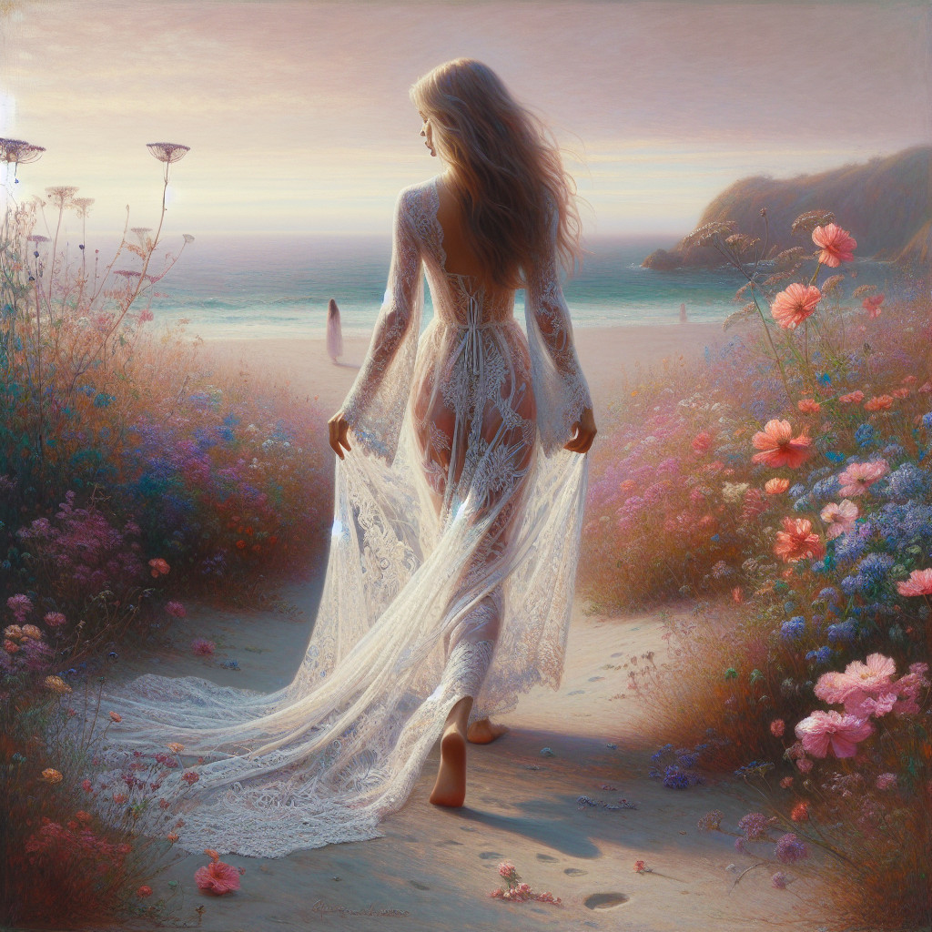 Woman in Lace Gown Walks Coastal Pathway at Dawn