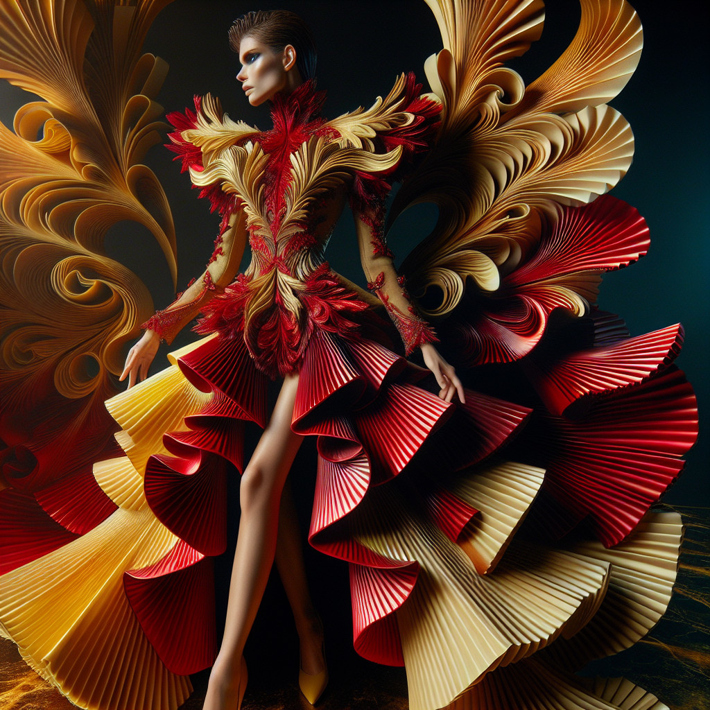Vibrant Gown with Intricate Textures and Embellishments