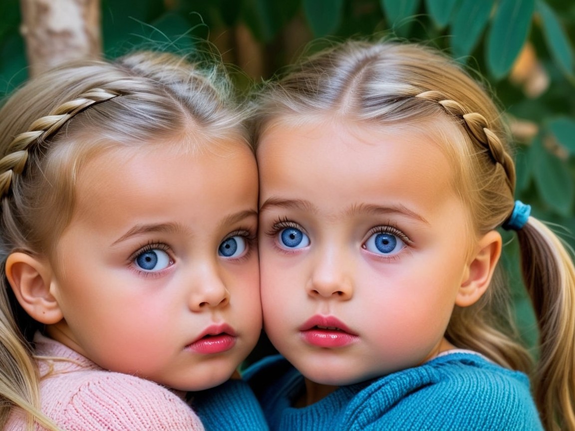 Young girls with blue eyes in colorful sweaters