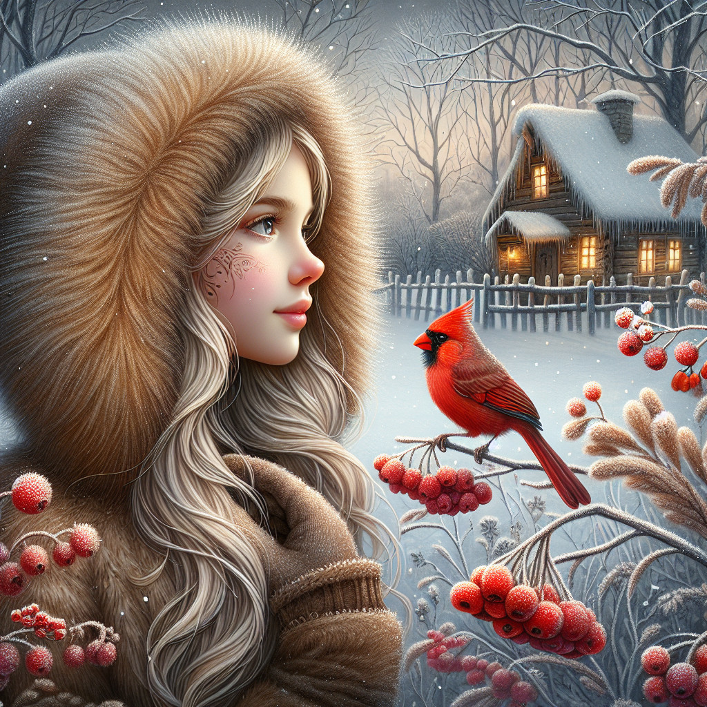 Winter Landscape with Girl and Cardinal in Snow
