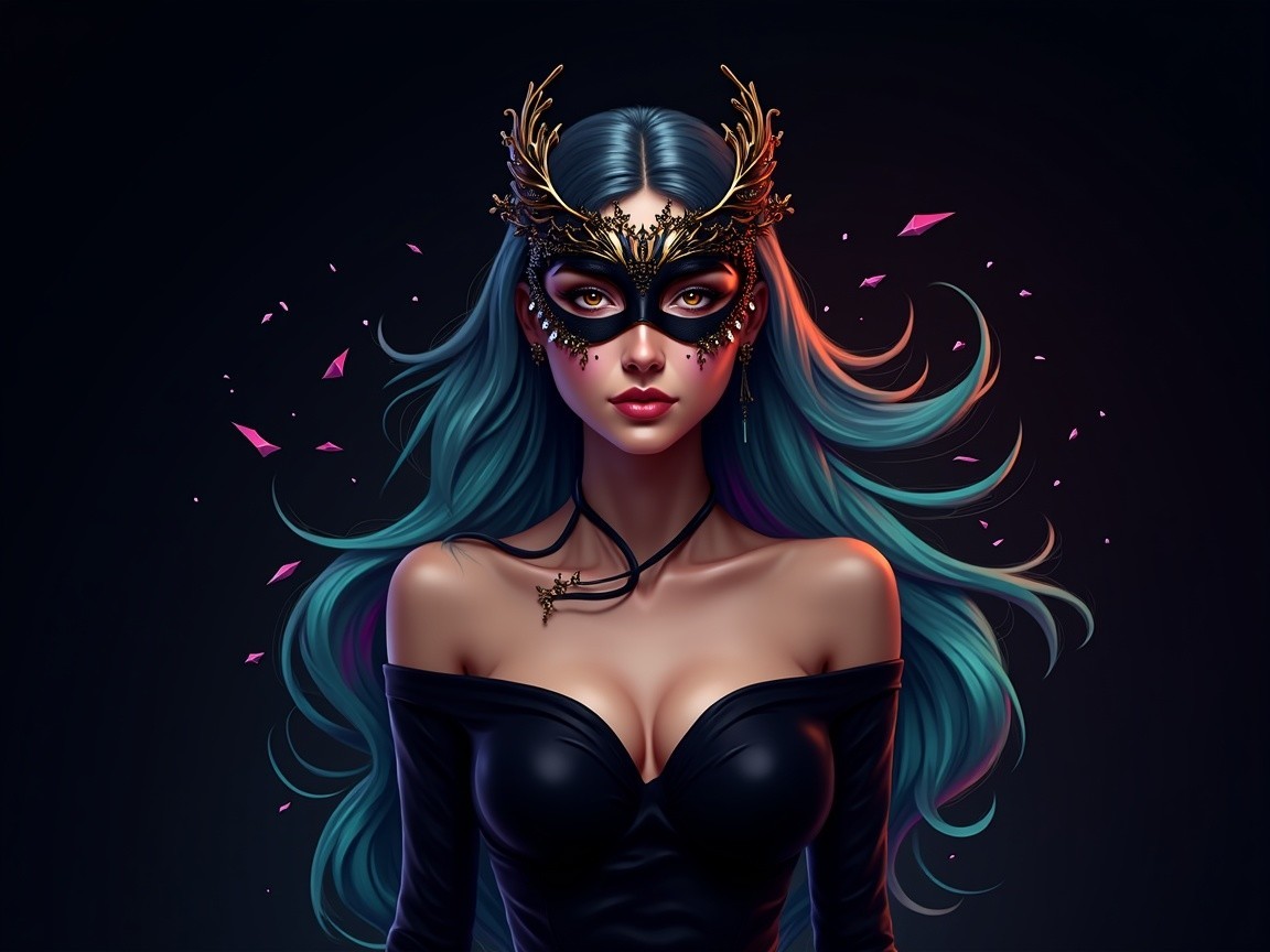 Woman with Turquoise Hair and Gold Mask in Elegance
