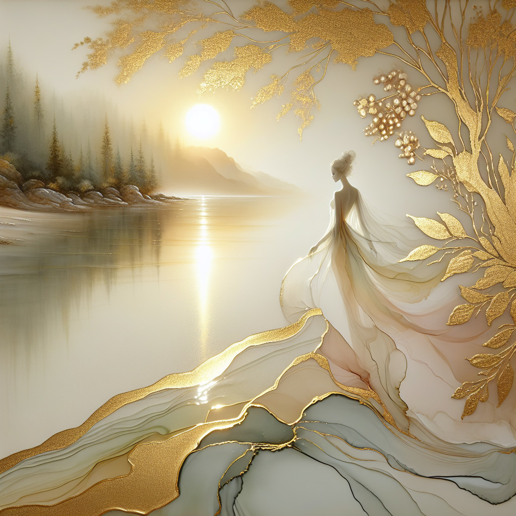 Tranquil River Landscape at Sunrise with Floral Details