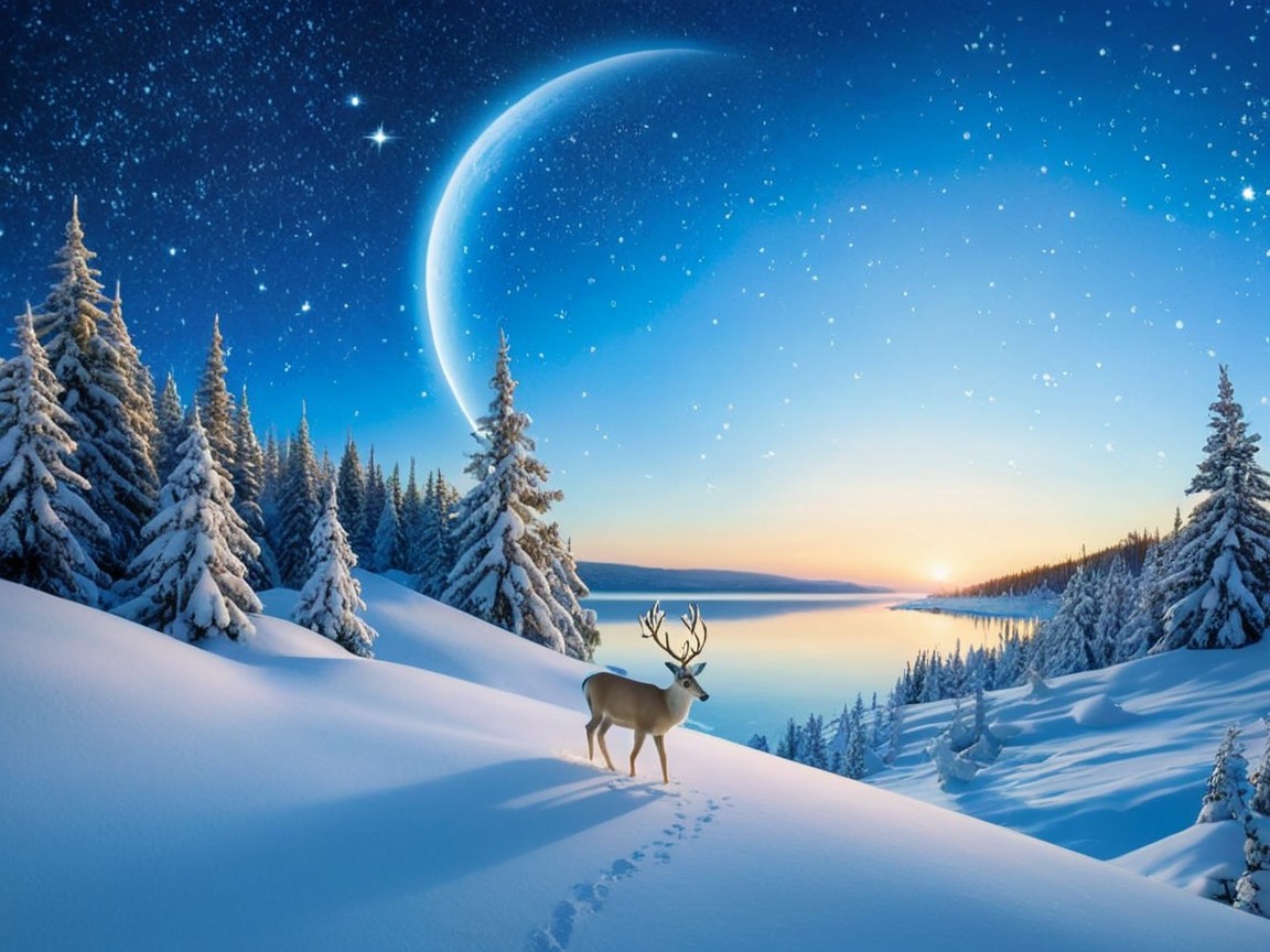 Serene Winter Landscape with Reindeer and Moonlit Sky