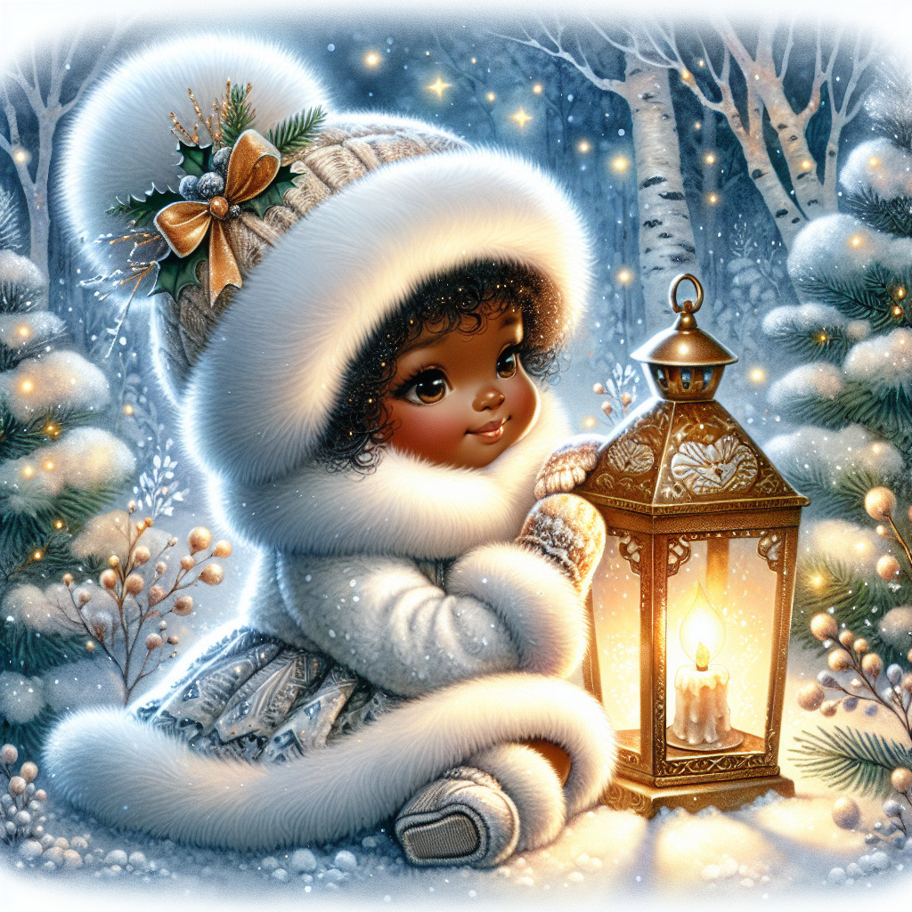 Young girl in snowy landscape with lantern and lights