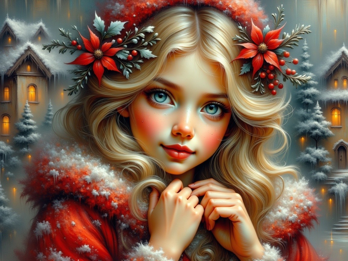 Young girl in red cloak amidst winter scenery