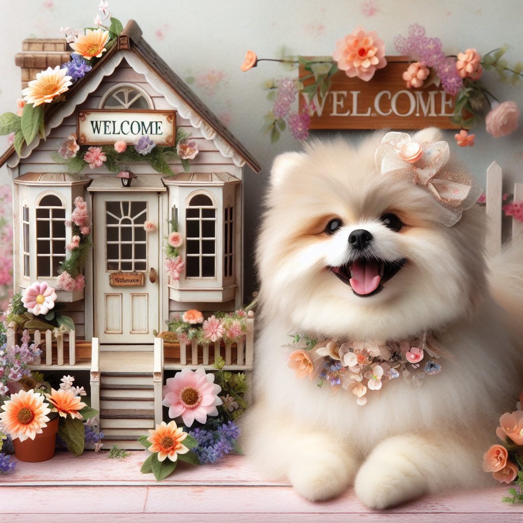 Fluffy Pomeranian in front of a charming cottage