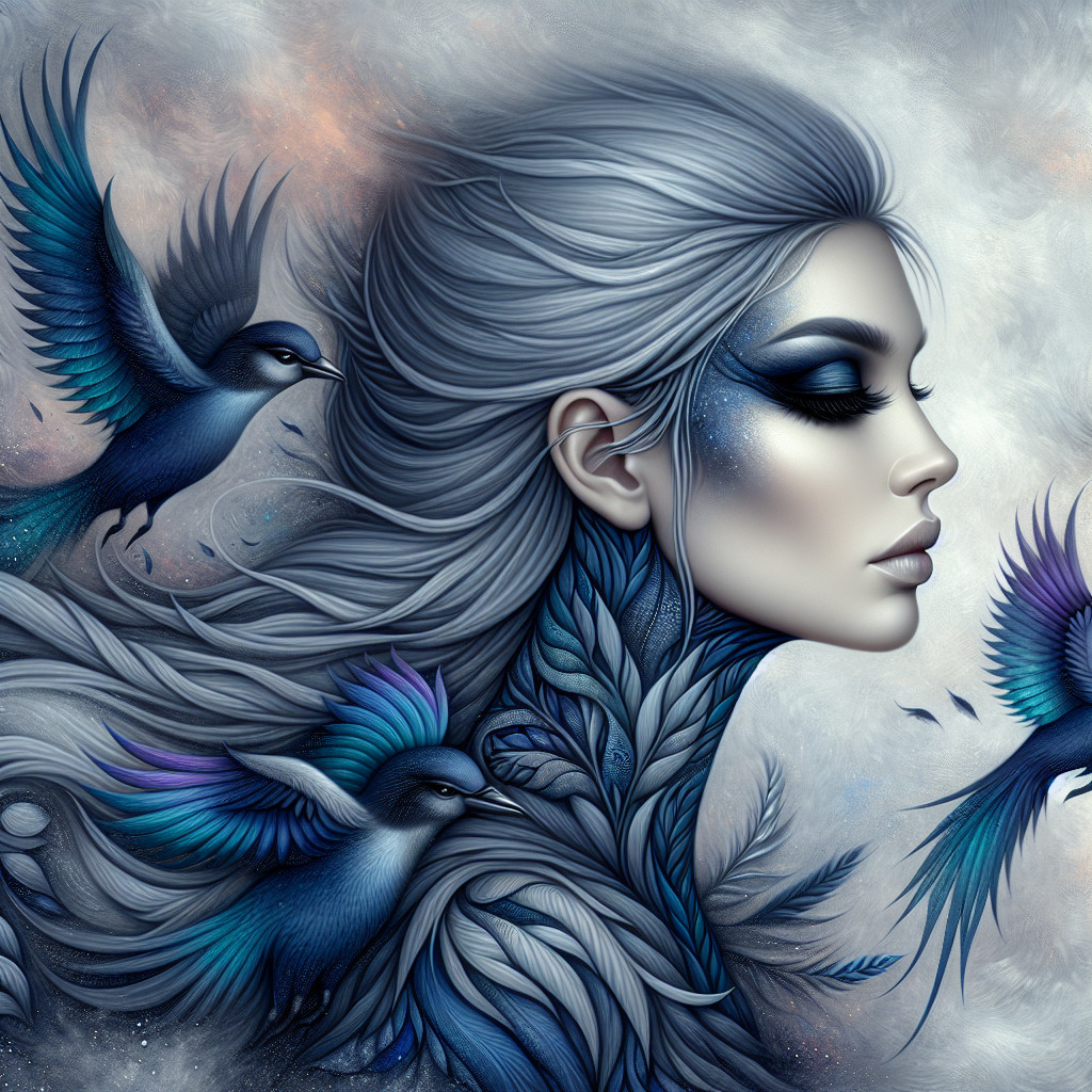 Serene Woman with Silver Hair and Vibrant Birds