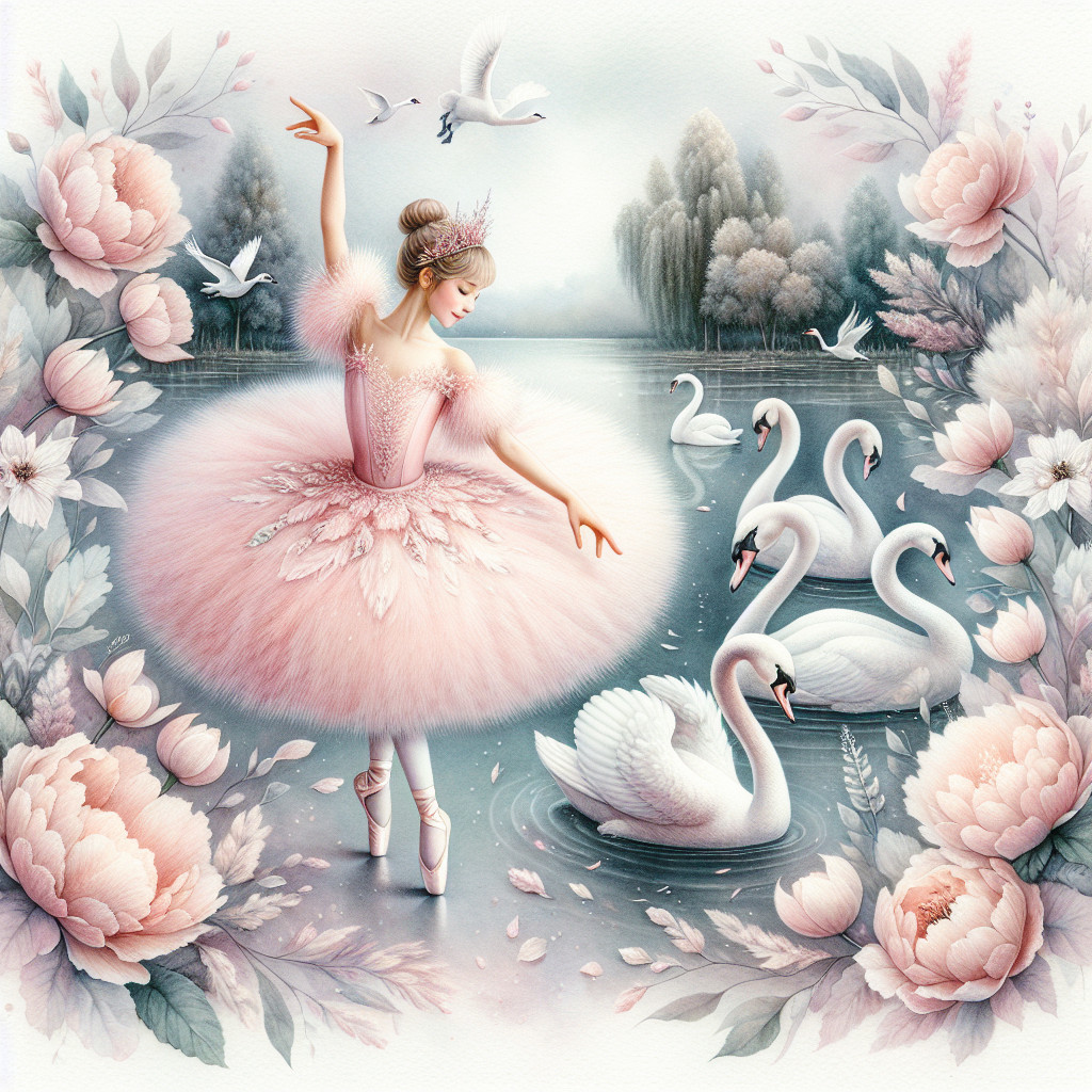 Ballet Dancer in Pink Tutu by Serene Lake with Swans