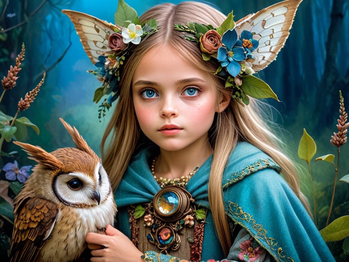 Young girl with butterfly ears in a mystical forest