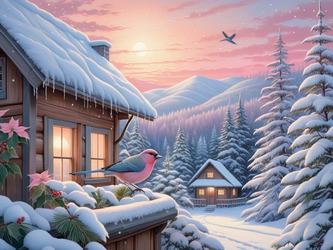 Cozy Cabin in Snowy Winter Landscape at Sunset