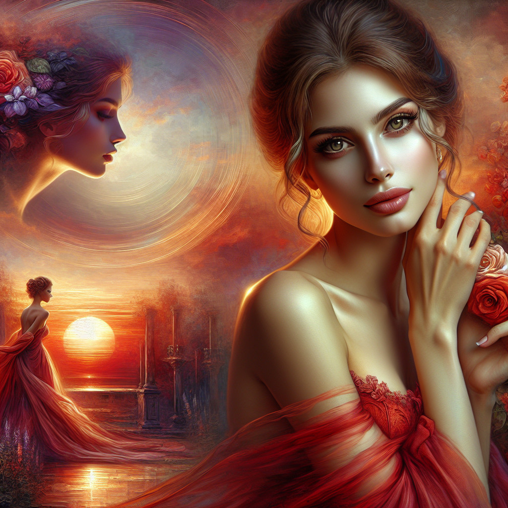Portrait of a Young Woman in a Red Gown at Sunset